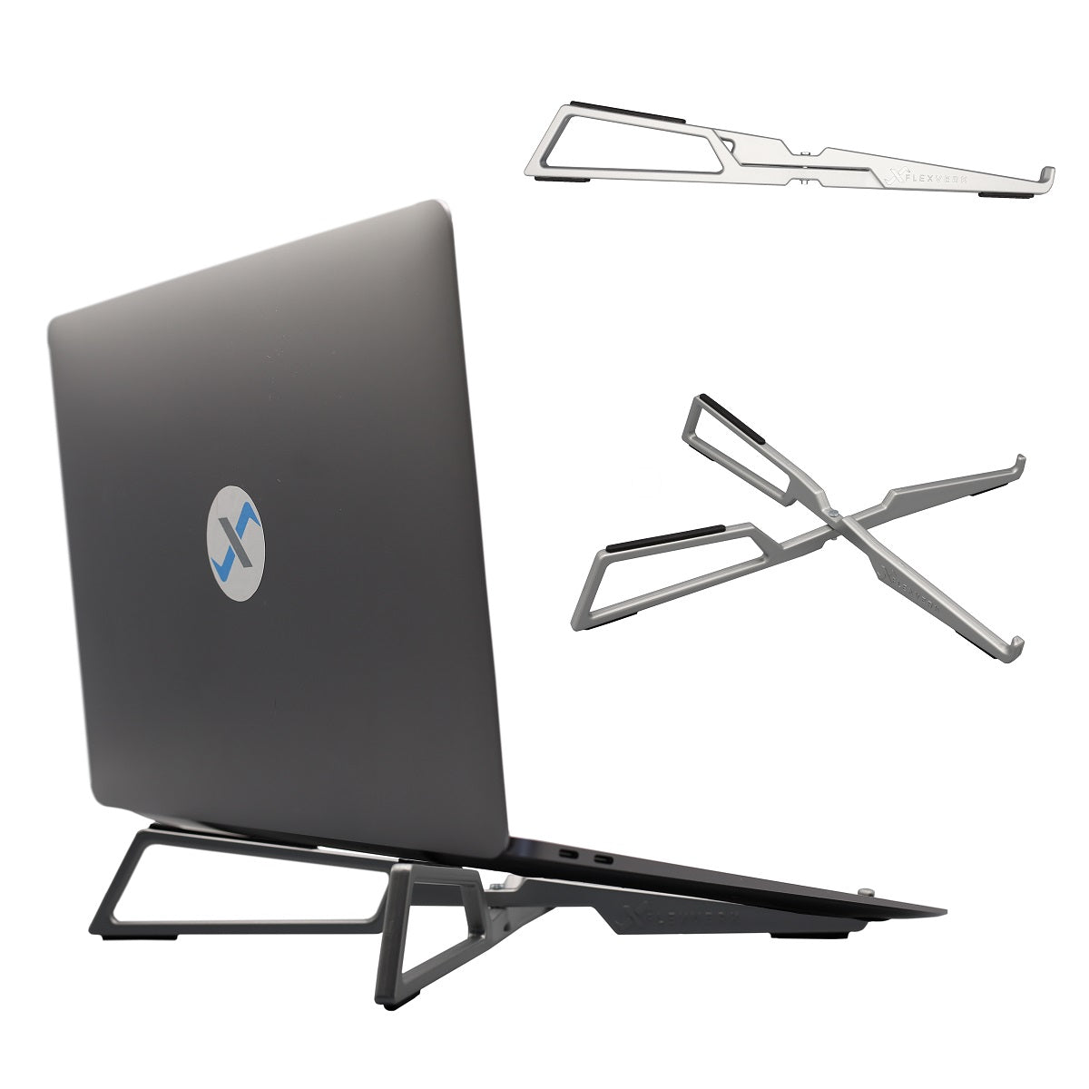 The FlexVerk Laptop Stand shown in silver with an open Macbook Air resting on top. Additionally the laptop stand is shown open and collapsed  on a white background.