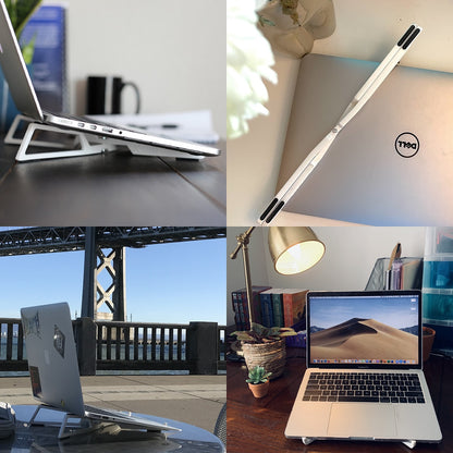 The FlexVerk portable laptop stand is shown in four different real world locations. On a wood desk holding a Macbook pro, folded and on top of a Dell laptop, expanded holding a Macbook Air with the San Francisco Bay Bridge int he background, and on a desk lit with a lamp.