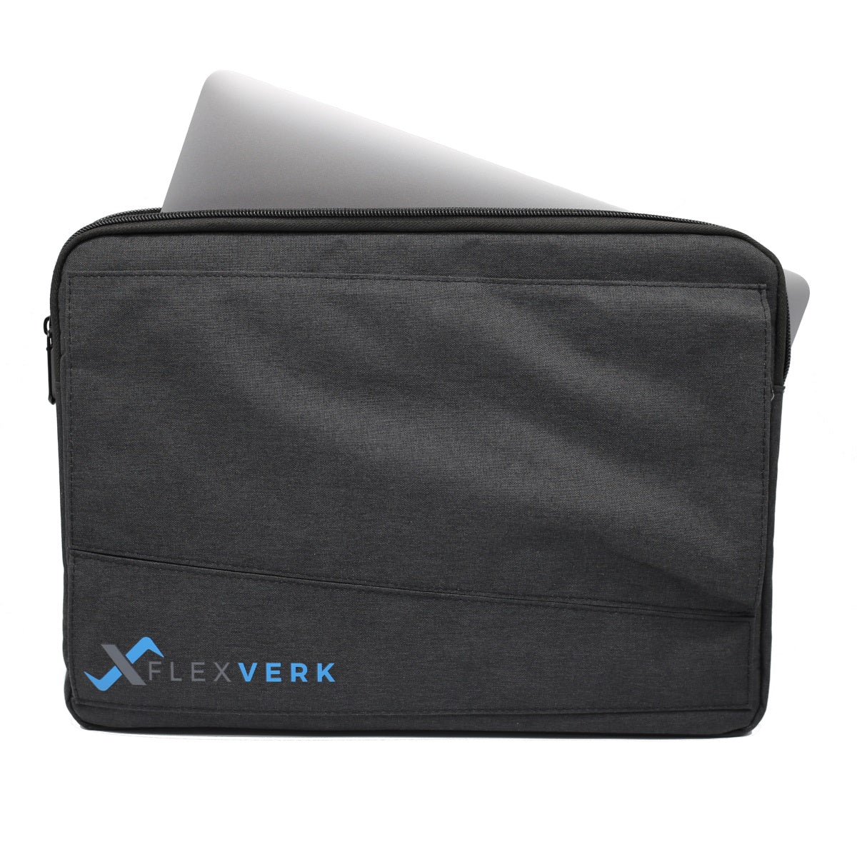The FlexVerk Laptop Sleeve with a Macbook Air inserted to the main sleeve compartment on a white background.