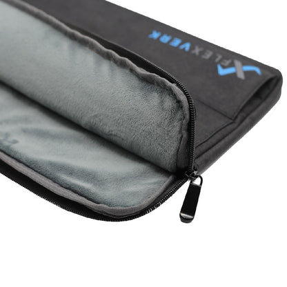 The FlexVerk Laptop Sleeve with the main pocket open showing the soft lined gray interior on a white background.