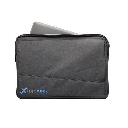 A gray FlexVerk Laptop Sleeve holding a space gray apple macbook air on a white background.
