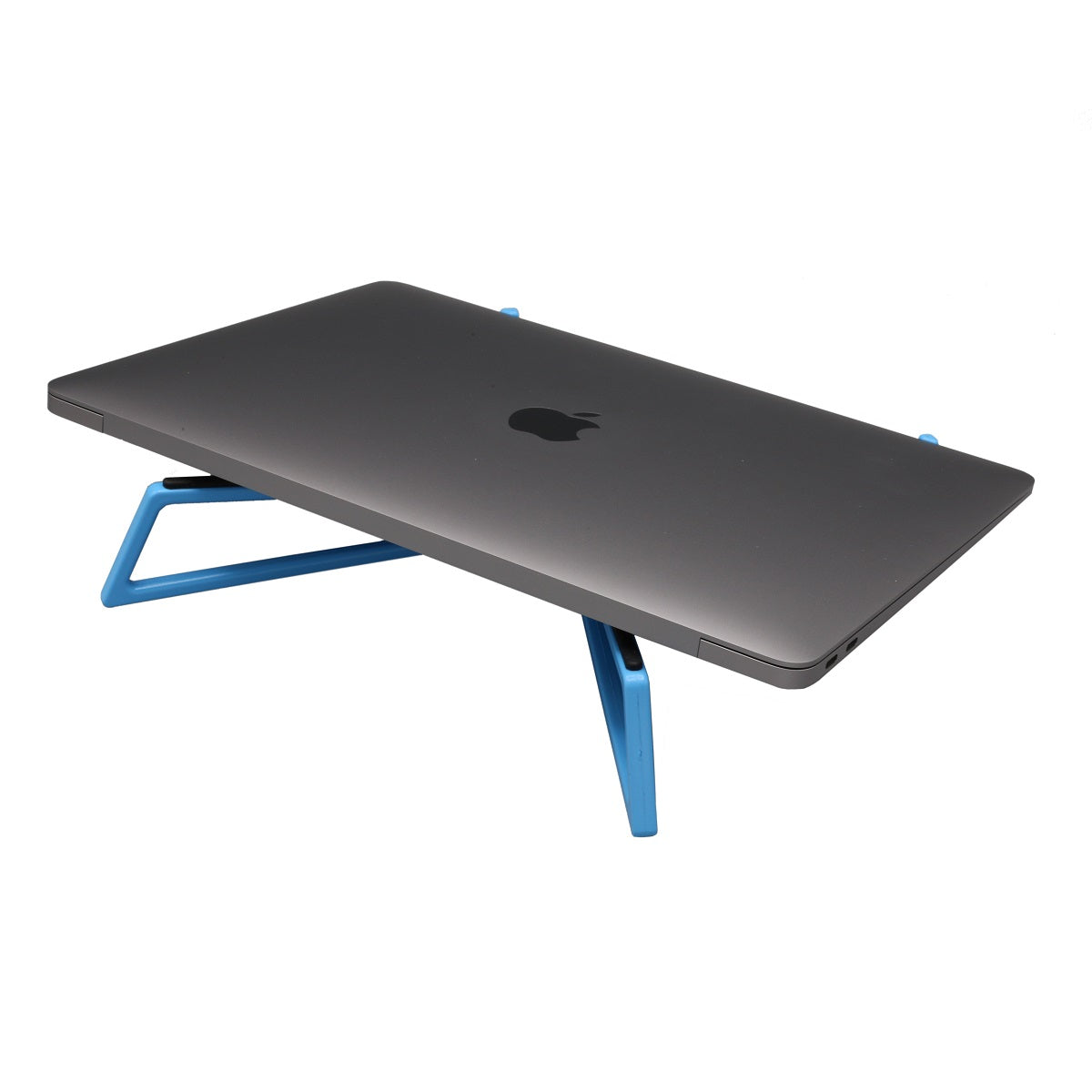 The FlexVerk Laptop Stand shown in blue holding a closed space gray macbook air on a white background.