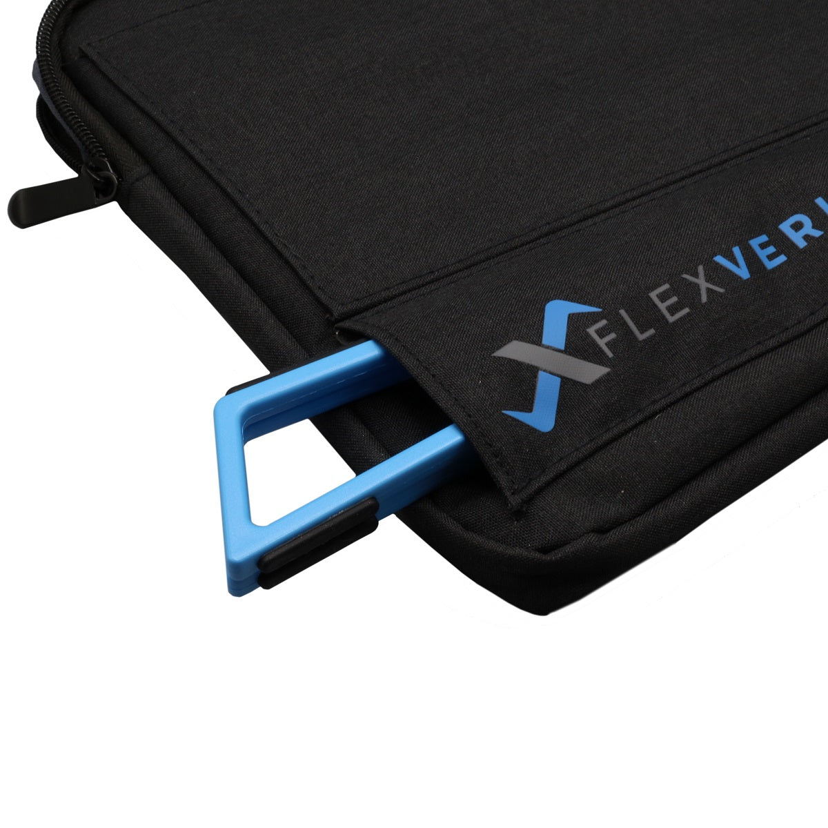 A Blue FlexVerk Laptop Stand shown inserted into a gray FlexVerk Laptop Sleeve on a white background.