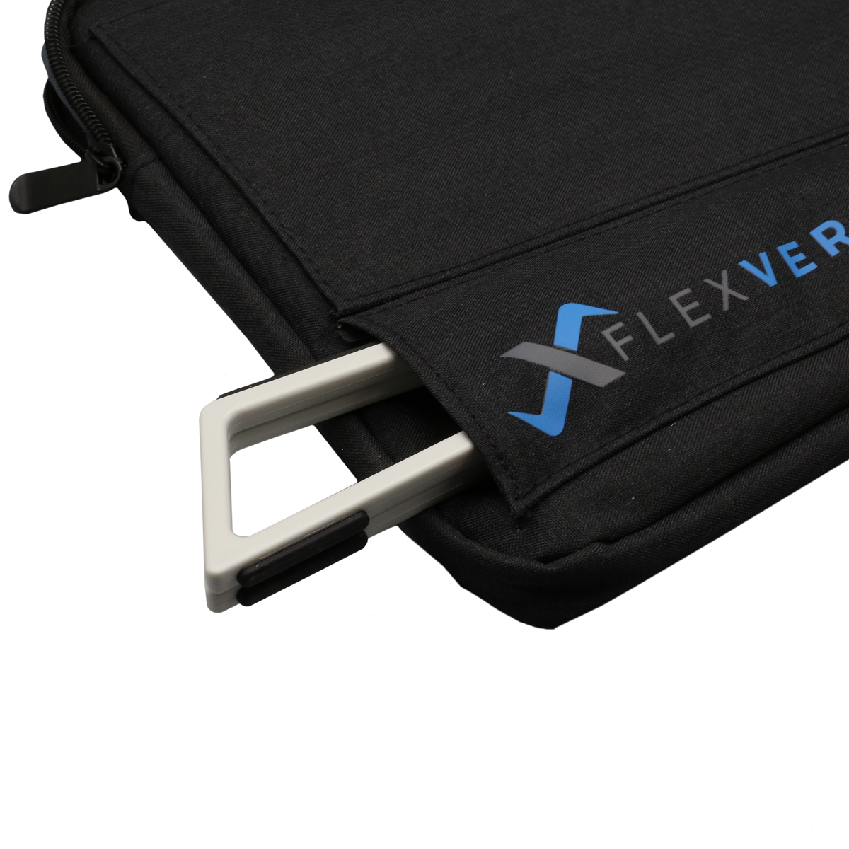 The FlexVerk Laptop Stand shown in Pearl White inserted into a gray FlexVerk Laptop Sleeve shown on a white background.