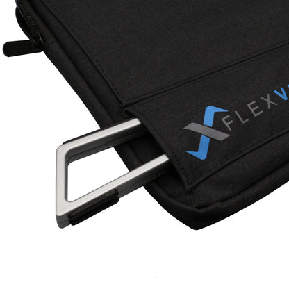The FlexVerk Laptop Stand in silver inserted into the custom pocket of the FlexVerk Laptop Sleeve on a white background.