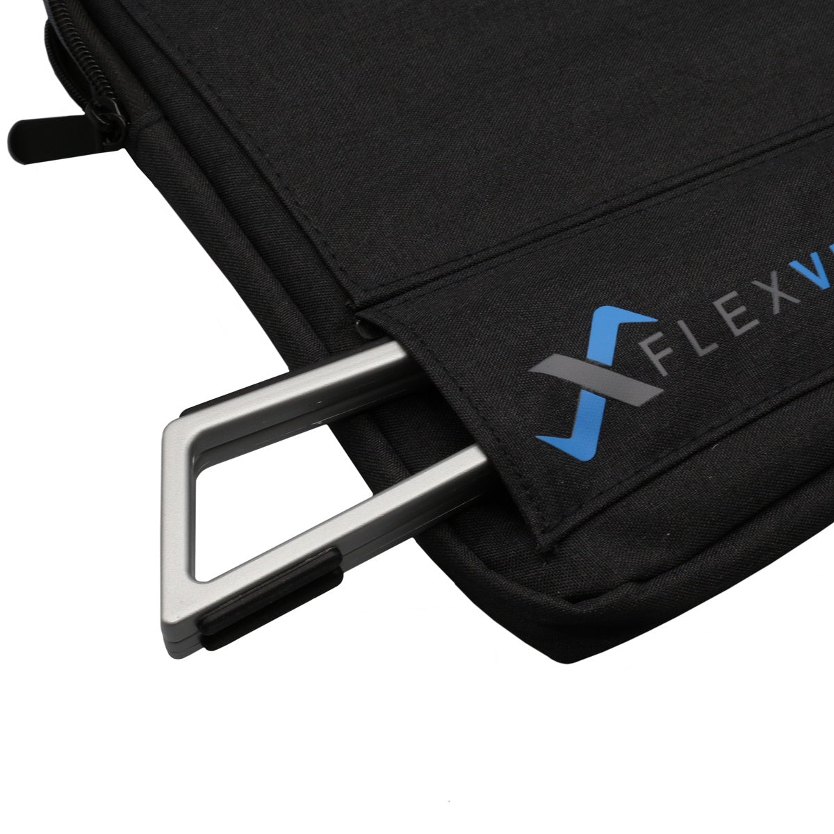 The FlexVerk Laptop Stand in silver inserted into the custom pocket of the FlexVerk Laptop Sleeve on a white background.